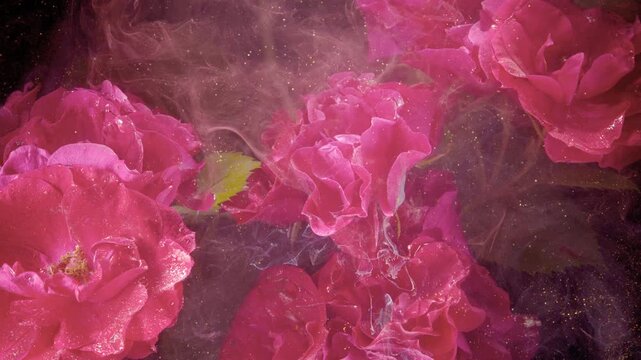 Close macro motion scene of vivid magenta roses with velvety petals, dewdrops, drifting mist, and suspended golden specks layered against dark background, creating soft contrast and luxury mood