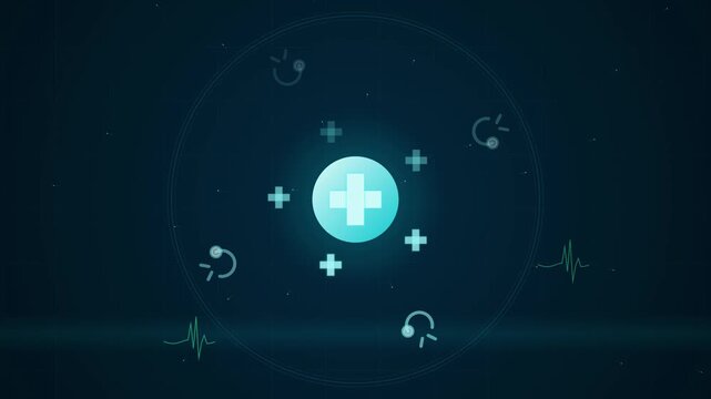 Digital healthcare technology processing medical cross symbol for clinical data integration hospital management treatment analysis patient heartbeat monitoring emergency ecg calculation and safety