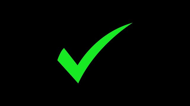 Vibrant green checkmark symbol animation isolated on a deep black background, representing success, approval, correct choices, task completion, positive feedback, and ui
