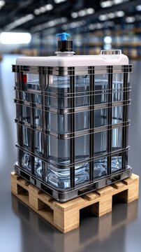 Intermediate bulk container on wooden pallet in empty warehouse with modern design and bright natural light