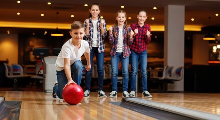 Group of Happy Children Having Fun and Playing Bowling Together at the Alley