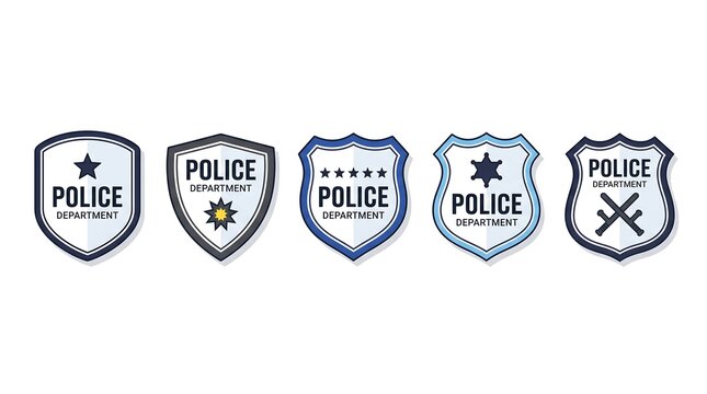 A set of flat vector police department shield badges featuring stars, a sunburst, and crossed batons on a clean white background.