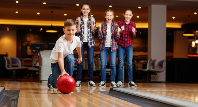 Group of Happy Children Having Fun and Playing Bowling Together at the Alley