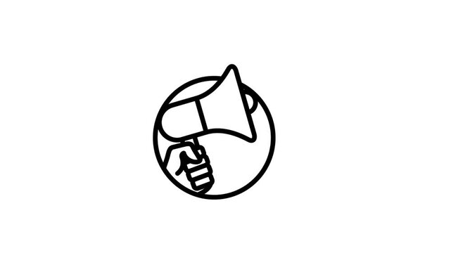 Hand holding loudspeaker or megaphone animated icon for marketing, promotion, advertising, attention, advertisement, social media communication, influence, campaign, public speech