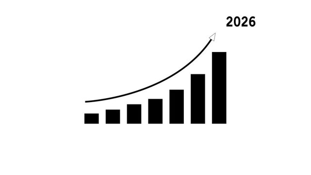 Animated bar chart showing exponential business growth and financial success leading up to the year 2026 with an upward trending arrow for corporate presentations and data analysis