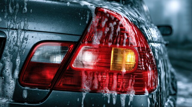 Close view of a car taillight with white car wash foam dripping and covering red and yellow lights on a dark grey vehicle sparkling in bright light
