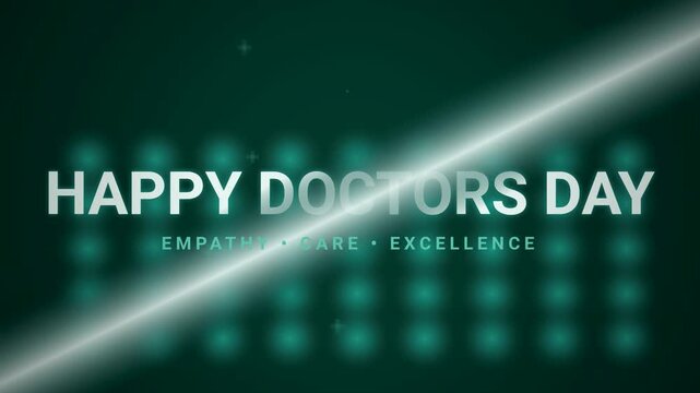 Digital healthcare cardiology electrocardiogram forming Happy Doctors Day celebration text. Professional medicine greeting message with empathy and excellence glowing loop animation background.