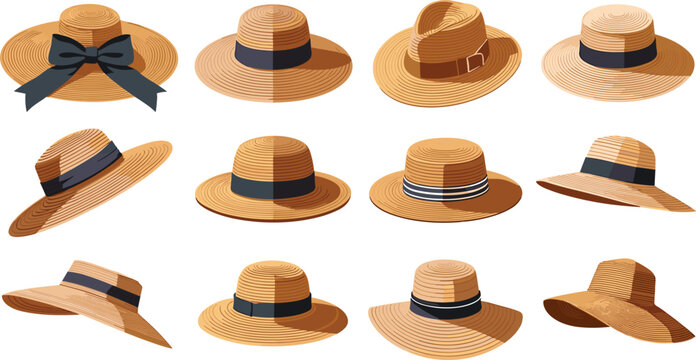 Summer straw hat vector icon collection featuring classic wide brim boater hats sun hats panama fedora beach wear millinery accessories decorated with ribbons.