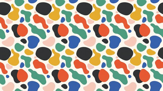 A seamless abstract pattern made of irregular organic blobs and amoeba-like shapes in a bold modern palette. Ideal for wallpaper, fabric, packaging, stationery, and contemporary digital backgrounds