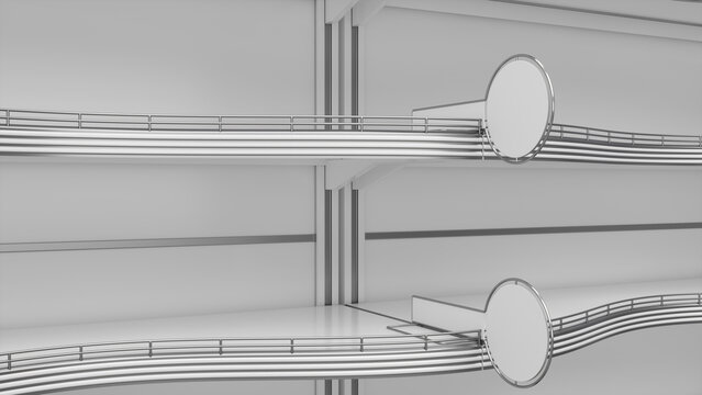 Close-up of wavy retail shelves mockup with guardrail and round blank shelf stoppers. 3d illustration