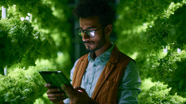 Gardener checks leafy green crops with a digital tablet in a vertical indoor.
