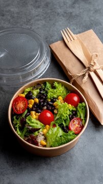 Healthy takeaway meal with salad in paper bowl on concrete surface with utensils and bag