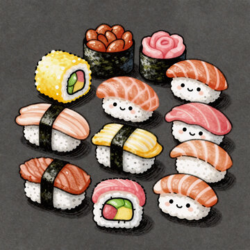 Charcoal Drawing Sushi Hand. A Hand-Drawn Set Of Colorful, Isolated Kawaii Sushi Elements