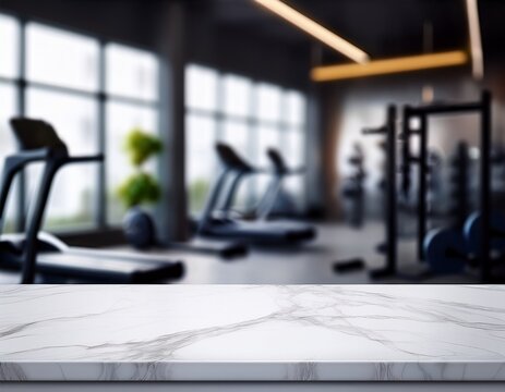 empty white marble stone table top on blurred with bokeh exercise room fitnees and gym interior background can be used for display or montage your products