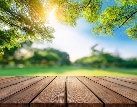 empty wood table top and blurred green tree and flower in public park background can used for display or montage your products