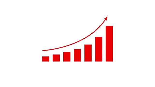 Dynamic red bar chart animation with rising arrow showing exponential business growth, financial success, positive market trends, and increasing performance metrics for corporate data presentations