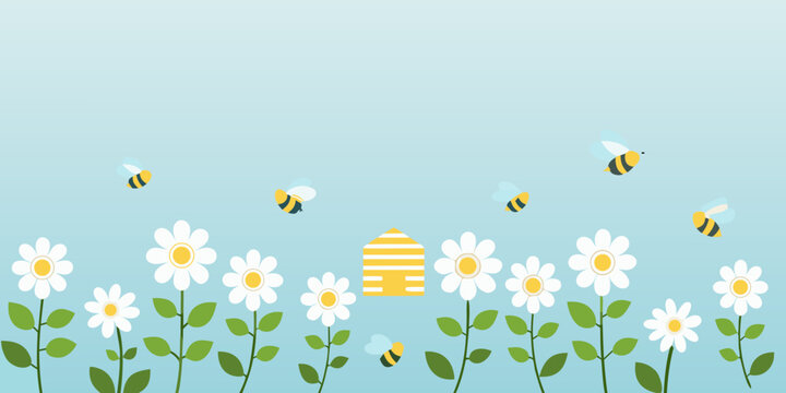 Floral ornament with bees and beehive vector illustration with light blue backdrop