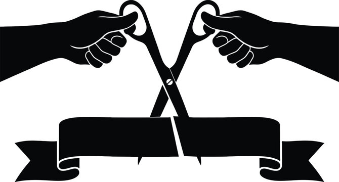 Black silhouette illustration of hands cutting ribbon with scissors on white background for ceremony or event
