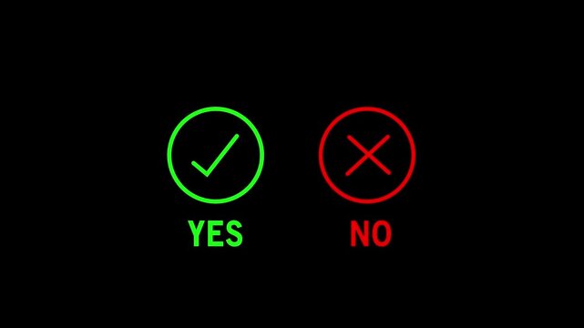 Green yes checkmark and red no cross set, minimalist digital interface symbols for decision making, survey feedback, approval and rejection ui isolated on solid black background
