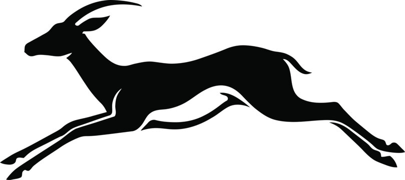 Black silhouette of a pronghorn antelope running isolated on white background in a minimalist elegant style