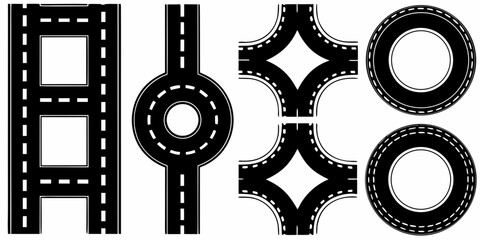 Road segment illustrations with curves roundabouts and straight sections black vector © Etika