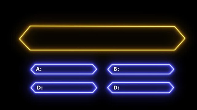 Dynamic neon quiz template featuring glowing hexagonal question box and four multiple choice answer fields with vibrant blue and gold light effects for interactive educational presentations and