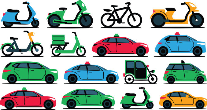 City transport and ride sharing vector icon collection featuring colorful taxi cars electric delivery scooters moped motorbikes urban bicycle and auto rickshaw tuk tuk vehicles.