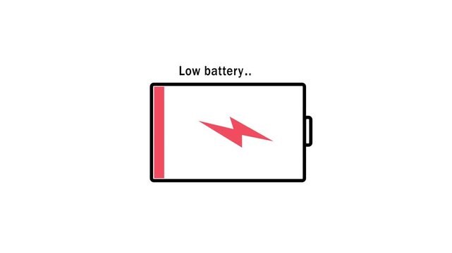 Animated low battery with flashing warning signal and pulsing power indicator for digital technology interfaces, mobile device ui, energy depletion alerts, and critical system status notifications