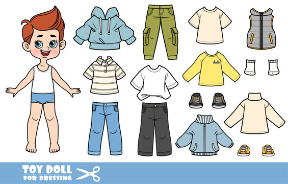 Cartoon boy dressed and clothes separately - shirt with long sleeve, jeans, padded vest, jacket and sneakers