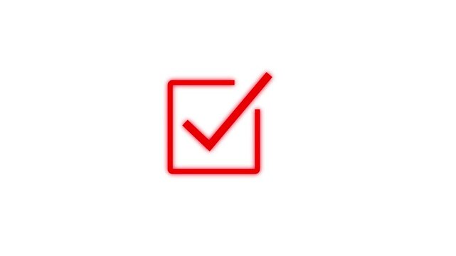 Minimalist red checkmark symbol animated for digital user interface task completion confirmation, success verification, approval status, and interactive web application feedback