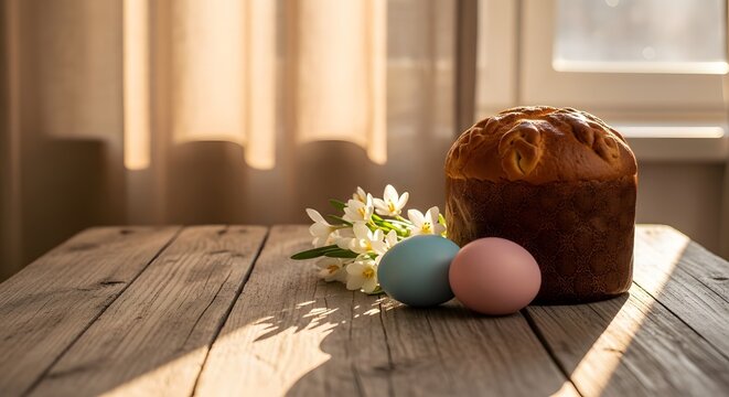 Easter cake with painted eggs and flowers on a wooden table