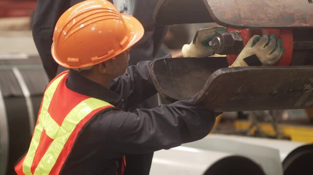 Close-up shot of an executive with a white safety helmet and a veteran technician inspecting steel components and machinery equipment. Demonstrating quality assurance, industrial maintenance, teamwork