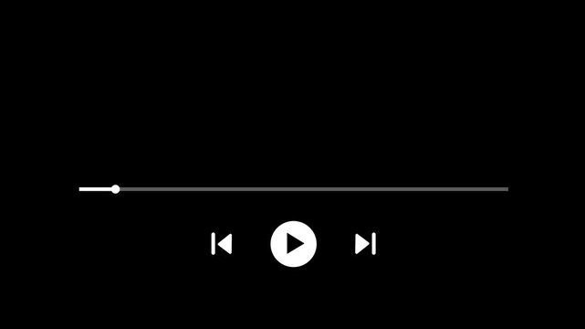 Minimalist white media player interface overlay with smoothly progressing playback bar and play control buttons on a solid black background, for digital editing, and ui