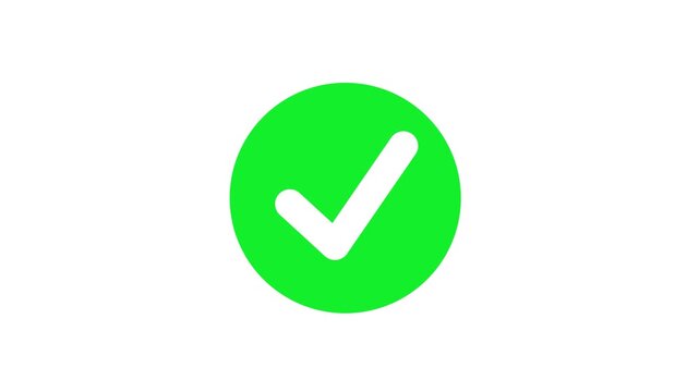 Vibrant green circle featuring a bold white checkmark symbol for ui ux digital task completion, success confirmation, approval status, and positive feedback notifications animation