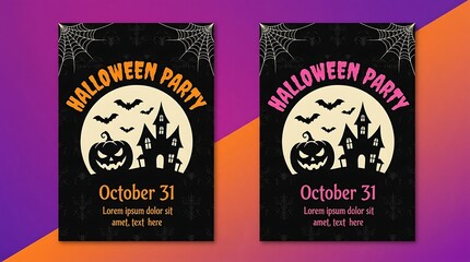 Obraz premium Halloween party invitations, black cards with orange and purple text, spooky silhouettes, October 31st flyers