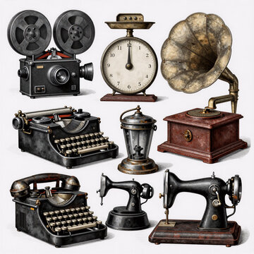 Noir Ancient Iron. A Vintage Illustration Showcases Retro Objects Like A Typewriter, Gramophone, Scales, And An Old Bicycle In An Engraving Style