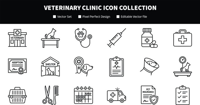 Veterinary Clinic Icon Collection with Pet Care Health and Adoption Symbols for Animal Hospital Graphic Design Projects