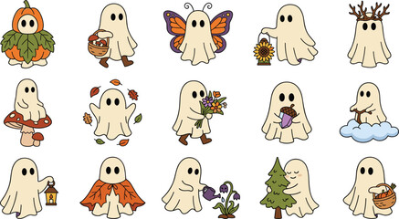 Obraz premium Cute cottagecore autumn nature ghost character sticker bundle vector illustration
