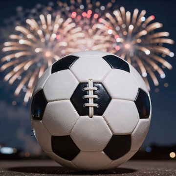 Traditional Japanese Fireworks Kick. Soccer Ball Amidst Firework Backdrop