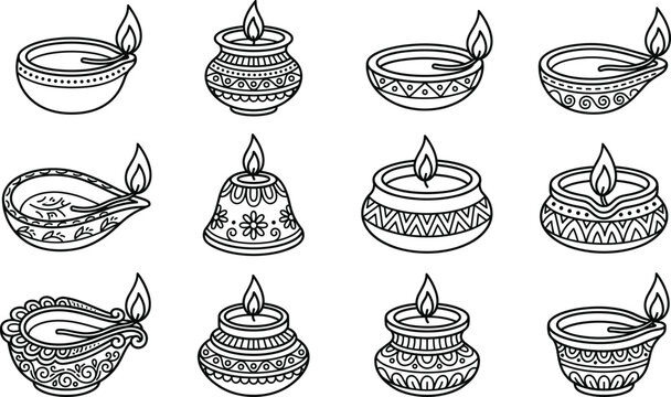 Diwali Diya Oil Lamp Vector Line Icon Set Featuring Traditional Clay Lamps with Decorative Geometric Patterns and Burning Flames for Indian Festival Designs