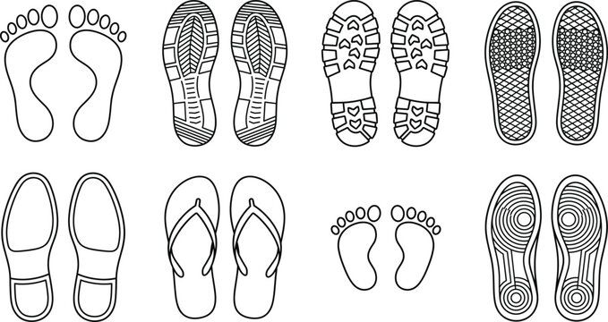 Shoe Sole Print and Human Footprint Vector Line Icon Set Featuring Boot Treads Sneaker Outsoles Flip Flops Dress Shoes and Barefoot Tracks
