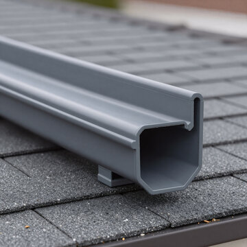 Art Nouveau Rain Architecture. Shallow Depth Of Field Image Shows A New Dark Grey Plastic Rain Gutter, Covered By A Protective Guard, On An Asphalt Shingles Roof