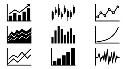 Naklejka premium Business Growth Charts, Financial Data Analysis Icons, Stock Market Trends Vector Set