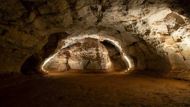 Artificial light illuminating natural limestone walls of dark cavern