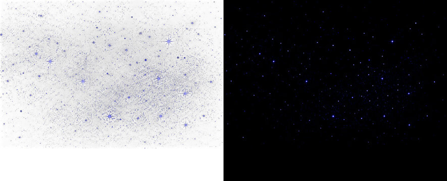 Cosmic background with twinkling blue stars scattered across dark space frame isolated on transparent surface for night sky design.