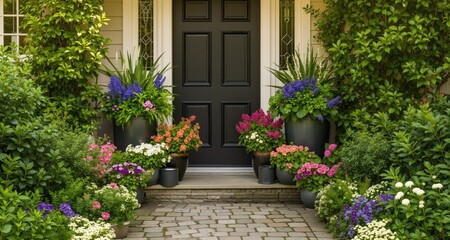 Fototapeta premium Elegant Front Door Garden Arrangement with Flower Pots and Lush Greenery in a Cozy Setting 