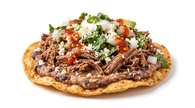 Crunchy beef tostada with beans salsa and fresh ingredients