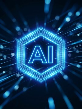 Glowing blue hexagon with ai text, digital background