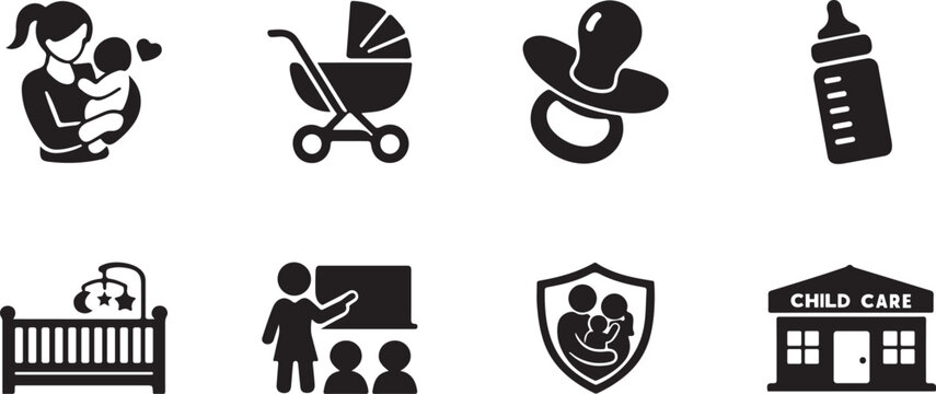 Child care icon set for daycare, parenting, education and family.
