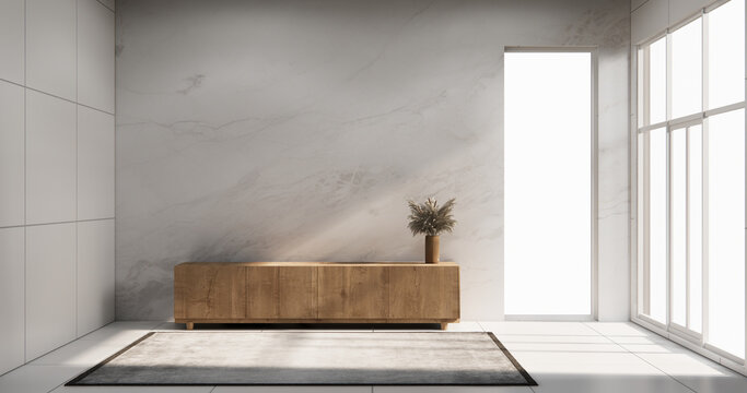 Screen mock up White granite tiles living room have cabinet minimalist and decoraion. 3d rendering